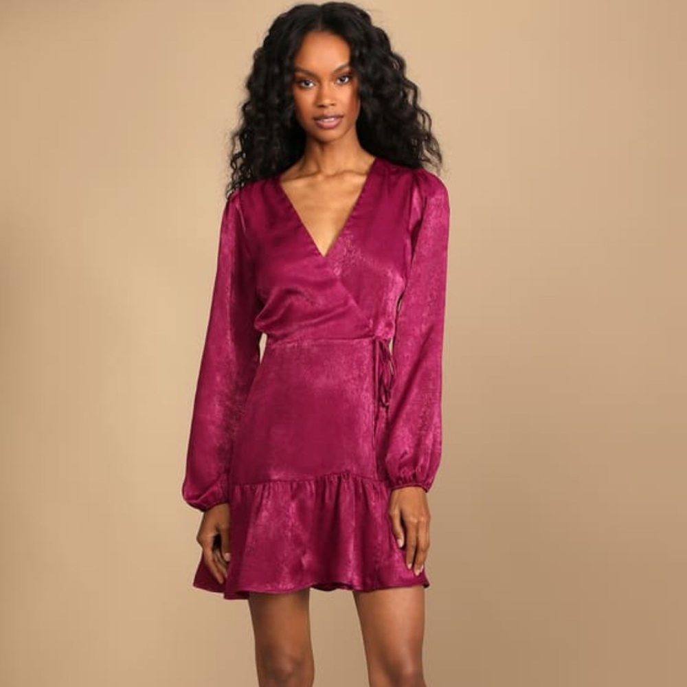 Lulus Magenta Purple Satin Long Sleeve Wrap Dress